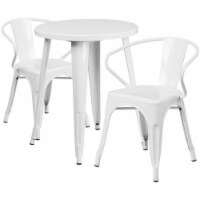 Commercial Grade 24 Round White Metal Indoor-Outdoor Table Set with 2 Arm Chairs