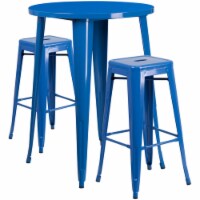 30  Round Blue Metal Indoor-Outdoor Bar Table Set With 2 Square Seat Backless Stools