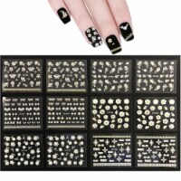 Wrapables 50 Sheets White Flowers & Bows with Gold Rhinestone Nail Stickers 3D Nail Decals