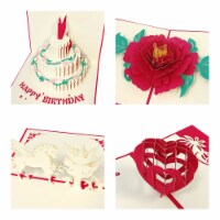 Wrapables 3D Pop-Up Greeting Cards (Set of 4), Cake/Unicorn/Heart/Peony