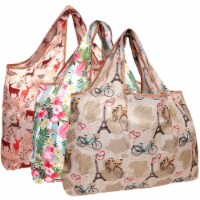 Wrapables Large Nylon Reusable Shopping Bags (Set of 3), Flamingos, Deer, Paris