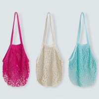 Wrapables Cotton Mesh Net Grocery Bag for Produce (Set of 3), Hot Pink, Beige, Teal