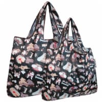 Wrapables Large & Small Foldable Tote Nylon Reusable Bags, Set of 2, Black Dogs