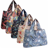 Wrapables Large Foldable Tote Nylon Reusable Grocery Bags, 5 Pack, Cats & Deco