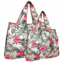 Wrapables Large & Small Foldable Tote Nylon Reusable Grocery Bags, Set of 2, Tropica Pink