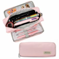 Wrapables Large Capacity 3 Compartment Pencil Pouch for Stationery Pens, Pink