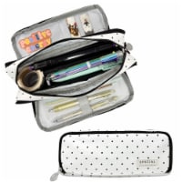 Wrapables Large Capacity 3 Compartment Pencil Pouch for Stationery Pens, Black Dots