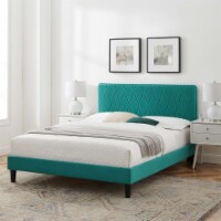 King Bed, Teal Green Velvet, Diamond Stiching, Wood Legs