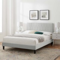 King Bed, Light Gray Velvet, Diamond Stiching, Wood Legs