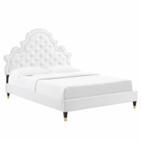 Fabric Upholstered Queen Size Tufted Bed with Gold Sleeve Wood Legs, White