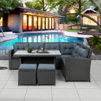 6-Piece Patio Furniture Set Outdoor Sectional Sofa with Glass Table, Ottomans for Pool, Backy