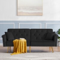 Modern Velvet Tufted Sofa Couch with 2 Pillows and Nailhead Trim, Loveseat Sofa Futon Sofa Be