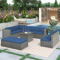 9 Piece Rattan Sectional Seating Group with Cushions and Ottoman, Patio Furniture Sets, Outdo