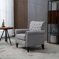 Mid-Century Modern Accent Chair, Linen Armchair w/Tufted Back/Wood Legs, Upholstered Lounge A