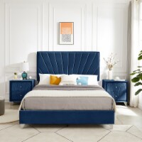 Full bed with two nightstands, Beautiful line stripe cushion headboard, strong wooden slats +