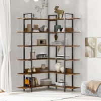 74.8 Inch Bookshelf L-SHAPED MDF Boards Stainless Steel Frame Corner 6-tier Shelves Adjustabl
