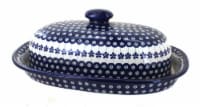 Blue Rose Polish Pottery Flowering Peacock Bread Container
