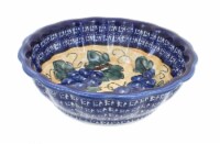 Blue Rose Polish Pottery Grapes Medium Scallop Bowl with Cobalt Trim