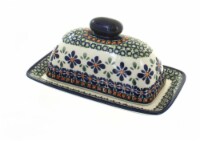 Blue Rose Polish Pottery Mosaic Flower Butter Dish