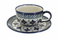 Blue Rose Polish Pottery Mosaic Flower Cup & Saucer