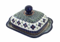 Blue Rose Polish Pottery Mosaic Flower Square Butter Dish