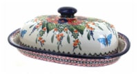 Blue Rose Polish Pottery Floral Butterfly Bread Container