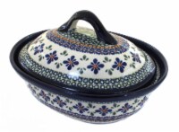 Blue Rose Polish Pottery Mosaic Flower Small Oval Baker with Lid