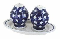 Blue Rose Polish Pottery Stars Salt & Pepper Shakers with Plate