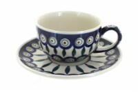 Blue Rose Polish Pottery Peacock Cup & Saucer