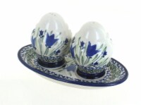 Blue Rose Polish Pottery Blue Tulip Salt & Pepper Shakers with Dish