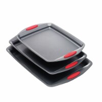 Bakeware Set of 3 Cookie Sheets - Nonstick Baking Pans, 3 Pieces Set, Dark Gray/Red