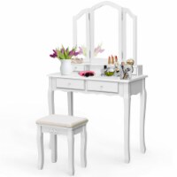 Costway Makeup Table Stool Set Tri Folding Mirror Vanity White