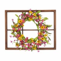 Glitzhome Wooden Window Frame with Artificial Chrysanthemum Wreath