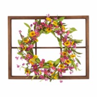 Glitzhome Wooden Window Frame with Artificial Chrysanthemum Wreath