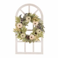 Glitzhome Wooden Fall Pumpkin and Pinecone Window Frame Wreath