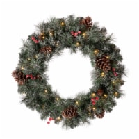 Glitzhome 24 Inch Diameter Glittered Pine Cone Christmas Wreath, with Warm White Lights