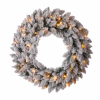 Glitzhome 24 Inch Diameter Pre-Lit Snow Flocked Christmas Wreath, with Warm White Lights