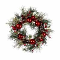 Glitzhome 24 Inch Diameter Lit Frosted Ball Berry Holly Pine Pinecone Wreath With Lights