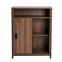 Glitzhome Wooden Metal Floor Cabinet with Double Sliding Doors - Walnut/Black