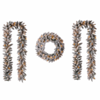 Glitzhome 24 Inch Diameter Snow Flocked Christmas Wreath and Matched Two Pack 9 Feet Garland