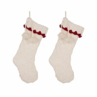 Glitzhome 22 Inch Length Knitted Polyester White Christmas Stocking with Red Trim & Pompom