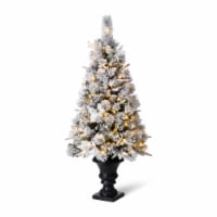 Glitzhome 4 Feet Flocked Pine Poinsettia Faux Christmas Porch Tree with 100 Warm White Lights