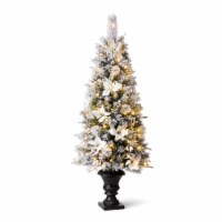 Glitzhome 5 Feet Flocked Poinsettia Pine Faux Christmas Porch Tree with 150 Warm White Lights