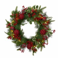Glitzhome 24 Inch Diameter Ornament Berry Holly Pine Wreath With Lights