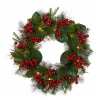 Glitzhome 24 Inch Diameter Berry Magnolia Leaf Pinecone Wreath With Lights