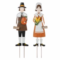 Glitzhome Set of Two Metal Thanksgiving Pilgrim Yard Stake, Standing Decor or Hanging Decor