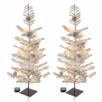 Glitzhome Two Pack 3 Feet Upward Wrapped Flocked Pine Christmas Table Tree with 35 Lights