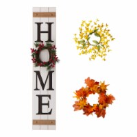 Glitzhome 8 Inch x 42 Inch Tall Wooden Home Porch Sign with 3 Changeable Wreaths - White