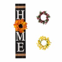 Glitzhome 8 Inch x 42 Inch Tall Wooden Home Porch Sign with 3 Changeable Wreaths - Black