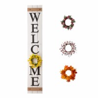 Glitzhome 60 Inch Wooden Welcome Porch Sign with 4 Changeable Wreaths - White